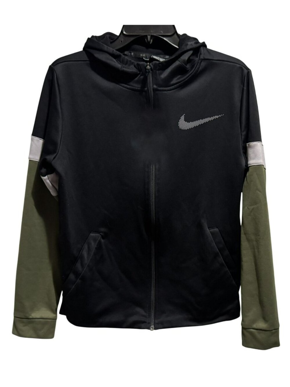 Nike Dri Fit Boys XL Full Zip Hoodie Black Tri-Color Jacket Pockets Swoosh Logo